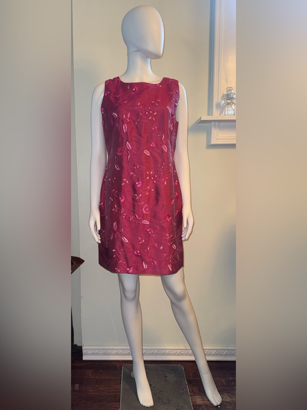 Petite Sophisticate Silk Raspberry-Pink Floral Embroidered Sleeveless Mini Dress